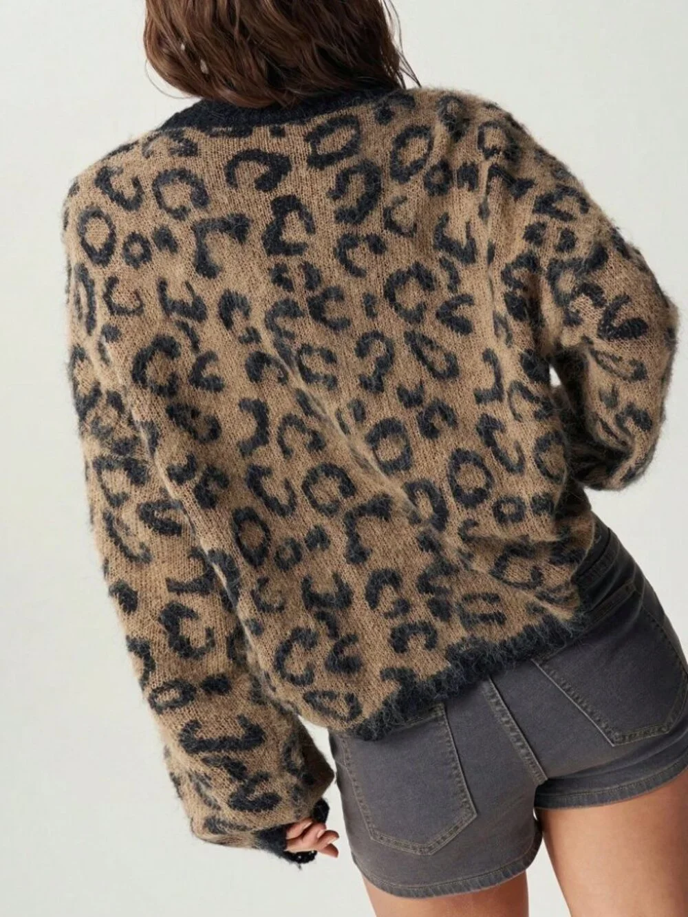 Tan & Black Leopard Print Cardigan, Oversized Knit